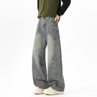 男复古宽松潮流百搭阔腿长裤 悟空有货潮牌美式 解构拼接弯刀牛仔裤