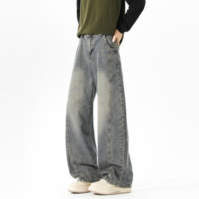 潮牌美式解构拼接弯刀牛仔裤男