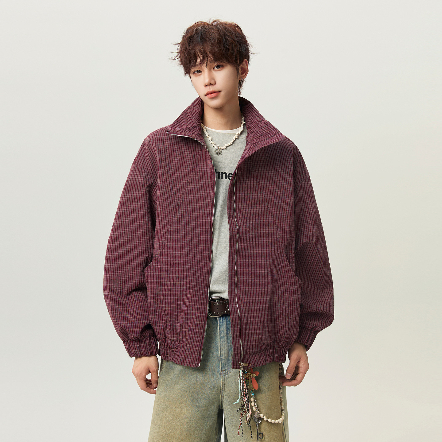 悟空有货春季复古格子红色立领夹克男女潮牌情侣宽松百搭休闲外套,男装,夹克,淘宝优惠券,粉丝福利购,淘宝优惠卷