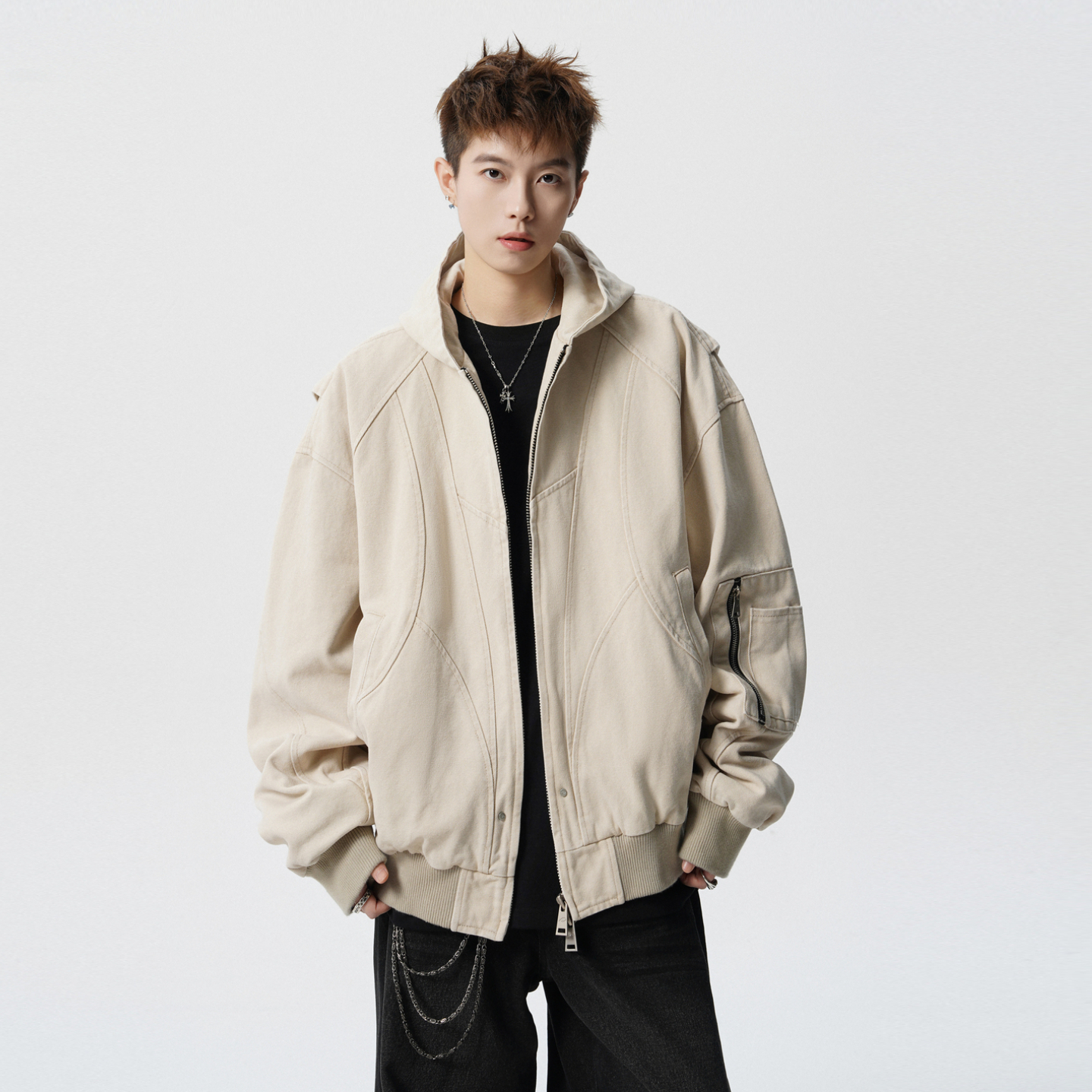 美式高街解构设计感水洗连帽夹克