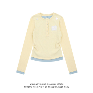 显瘦上衣ins 辣妹修身 悟空有货假两件亨利领撞色刺绣长袖 T恤女美式