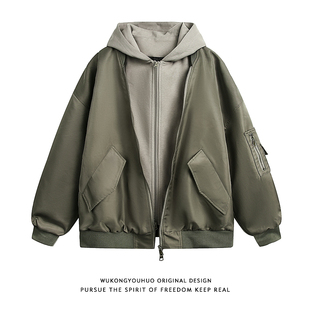 悟空有货美式 棒球服外套 拼接假两件飞行员连帽夹克男潮牌高街工装