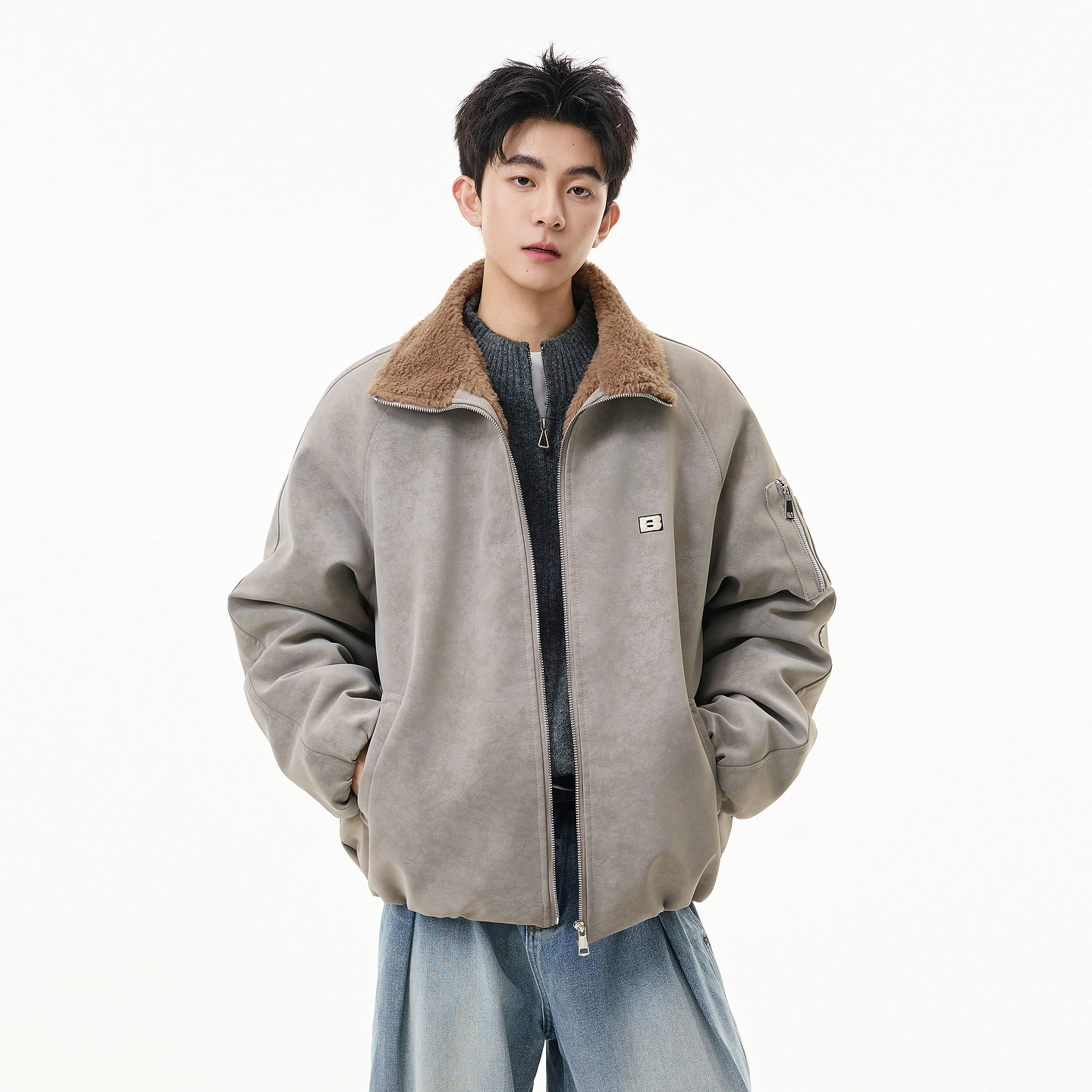 潮牌美式仿兔毛加绒棉衣加厚外套