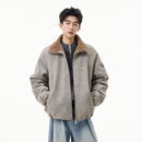 悟空有货潮牌美式 宽松保暖PU皮机车外套 仿兔毛绒加厚棉衣服男冬季