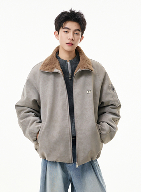 悟空有货潮牌美式仿兔毛绒加厚棉衣服男冬季宽松保暖PU皮机车外套