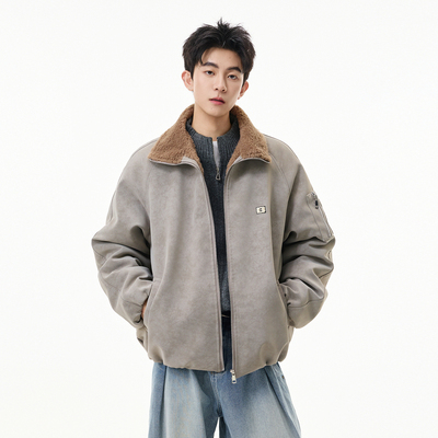 潮牌美式仿兔毛加绒棉衣加厚外套