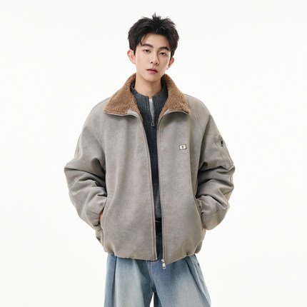悟空有货潮牌美式仿兔毛绒加厚棉衣服男冬季宽松保暖PU皮机车外套