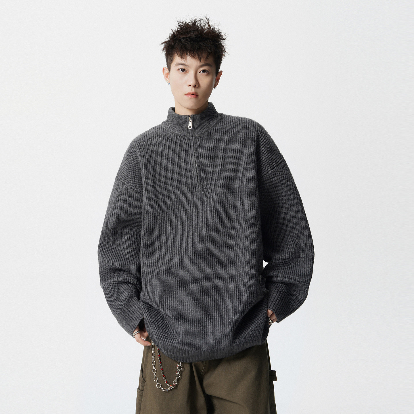 潮牌美式重磅半拉链套头毛衣男