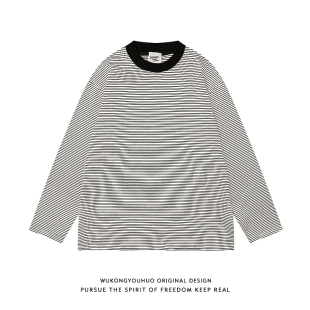 悟空有货复古撞色黑白条纹长袖 t恤男潮牌简约宽松休闲圆领打底衫