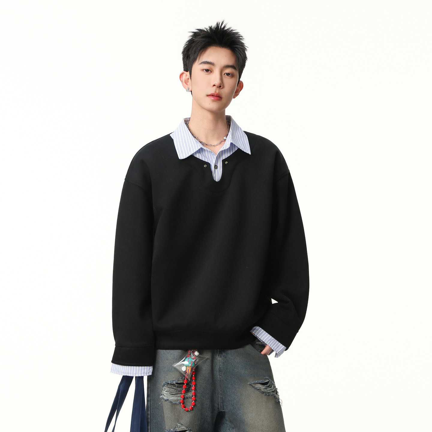 悟空有货春季复古条纹假两件拼接卫衣男潮牌情侣宽松百搭套头上衣,男装,卫衣,淘宝优惠券,粉丝福利购,淘宝优惠卷