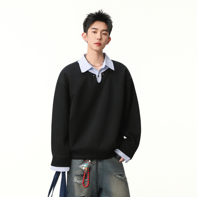 春季复古条纹假两件拼接卫衣男