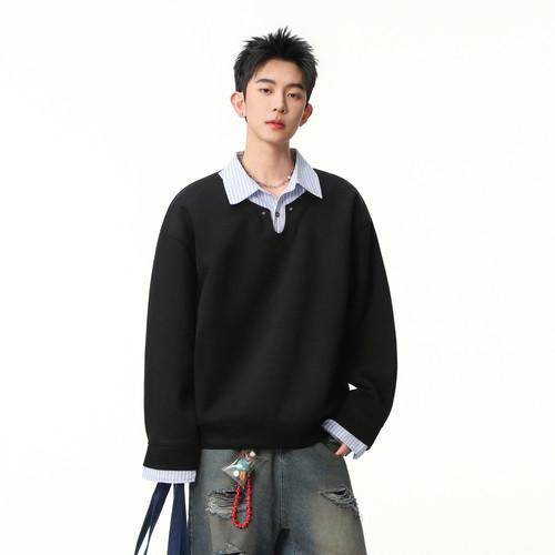 春季复古条纹假两件拼接卫衣男