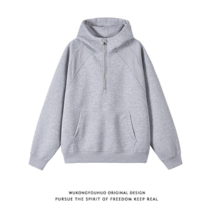 悟空有货街头复古拼接半拉链连帽卫衣男潮牌宽松情侣休闲百搭帽衫