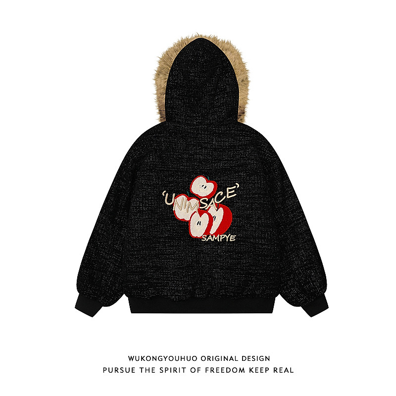 2025新款苹果刺绣毛领连帽外套男