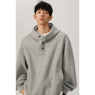 美式高领纽扣连帽卫衣男女潮牌