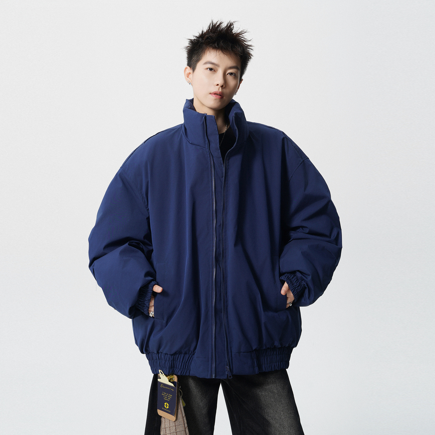 冬季潮牌复古简约纯色立领棉衣男