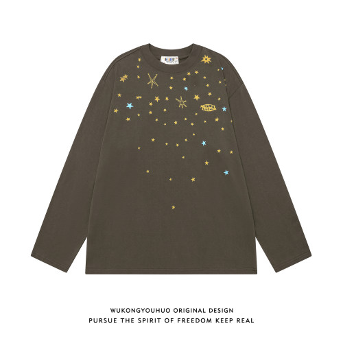 美式街头星星刺绣长袖T恤男女潮