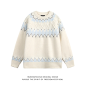 悟空有货复古白色费尔岛套头毛衣男女秋冬软糯慵懒情侣休闲针织衫