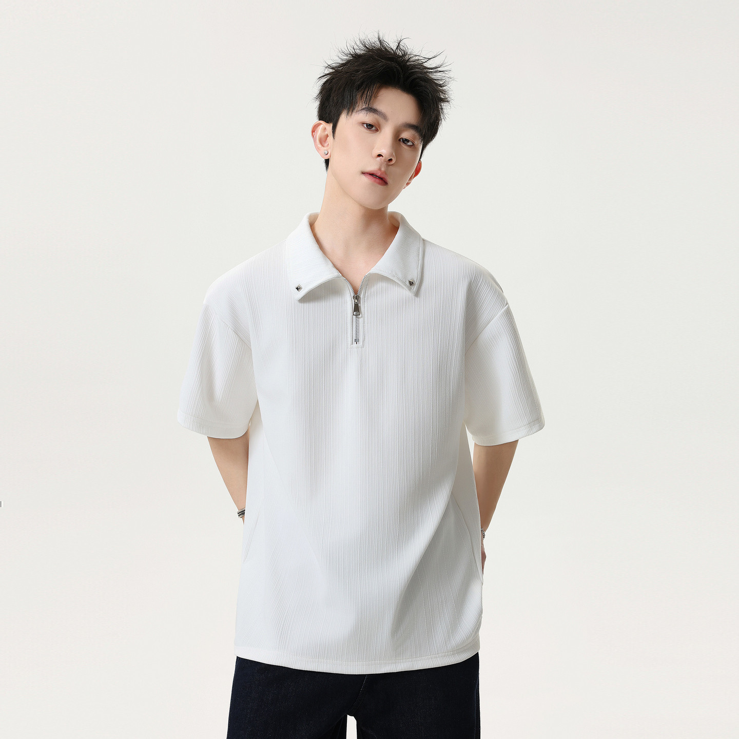 悟空有货夏季复古半拉链短袖POLO衫男女潮牌情侣宽松百搭半袖体恤