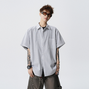 男美式 衬衫 宽松情侣休闲百搭衬衣外套 潮牌竖条纹短袖 悟空有货夏季