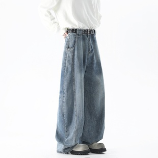 男宽松阔腿百搭弯刀长裤 悟空有货潮牌美式 做旧cleanfit直筒牛仔裤