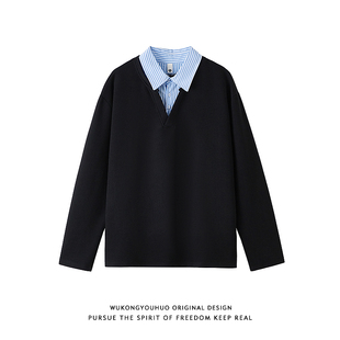 男女秋季 POLO衫 潮牌情侣宽松上衣 复古条纹假两件长袖 悟空有货美式