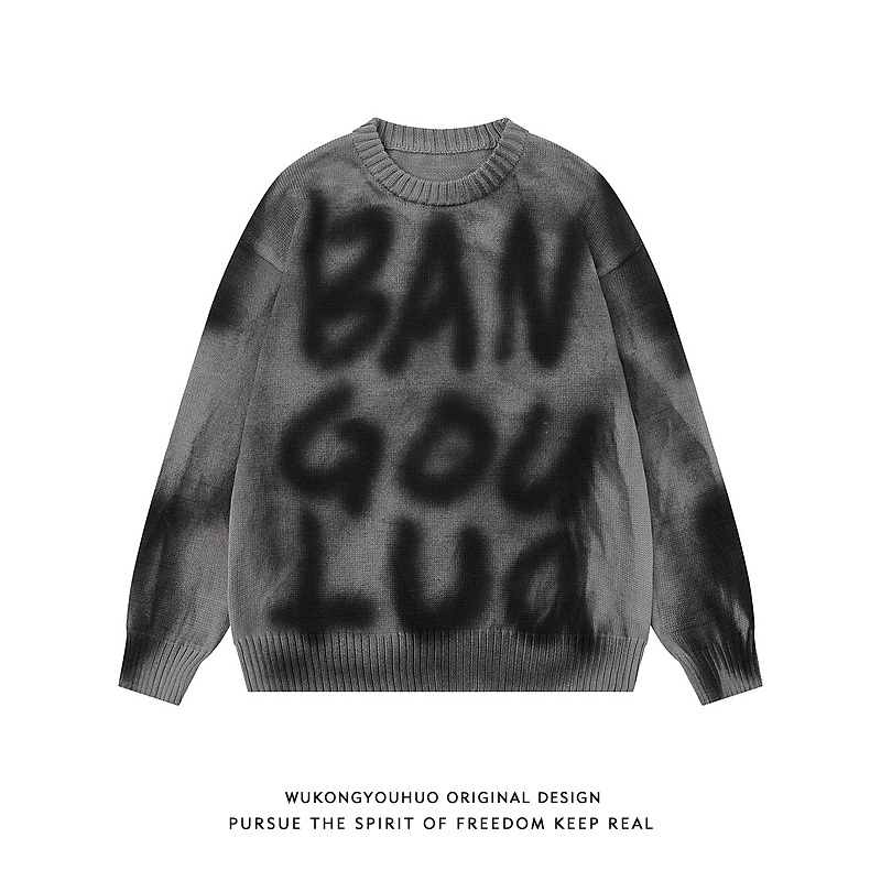美式潮牌涂鸦字母圆领针织衫男