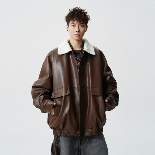 潮牌美式PU皮羊羔绒翻领棉衣