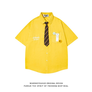 衬衣 悟空有货夏季 复古学院风短袖 领带衬衫 男潮牌宽松情侣休闲半袖
