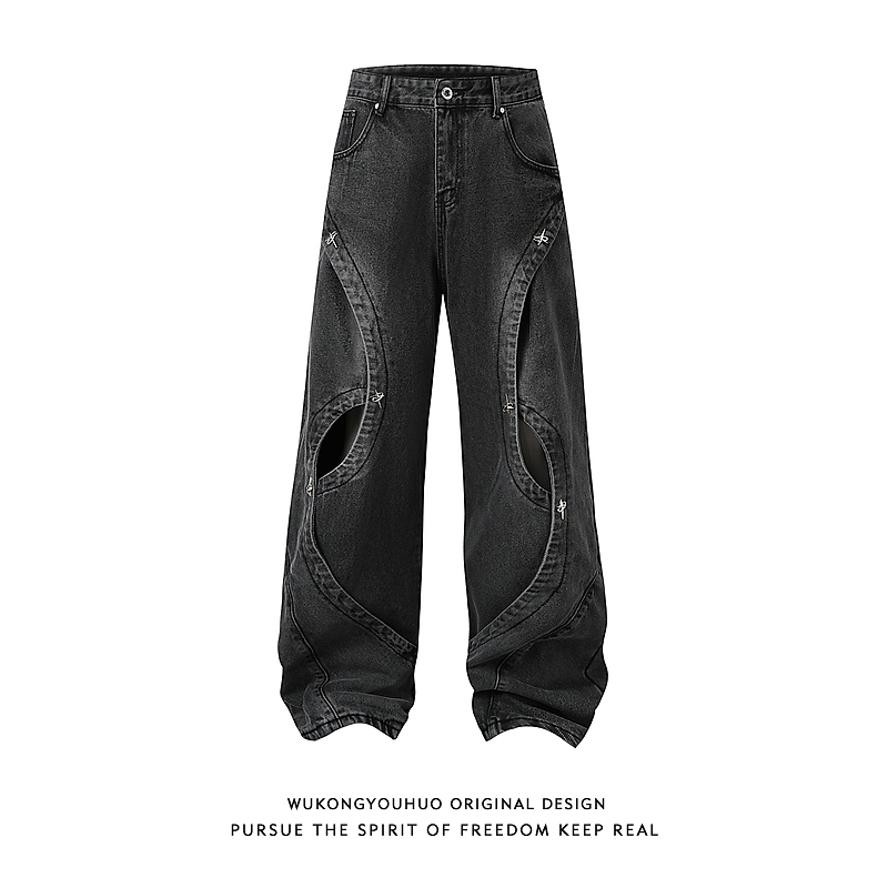美式高街解构拼接做旧牛仔裤男