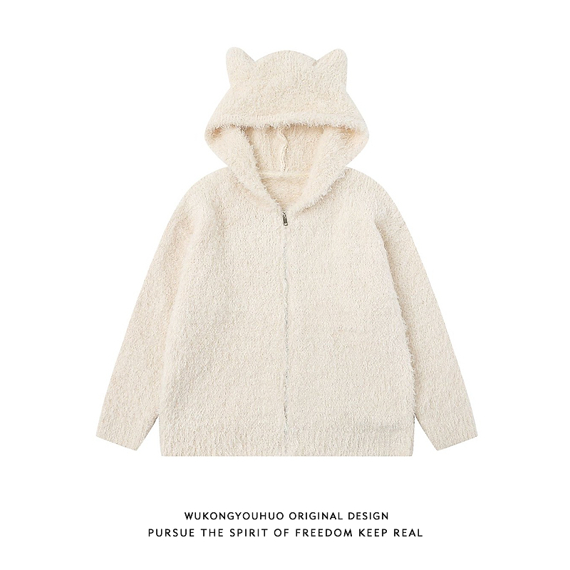 复古设计感拉链开衫连帽毛衣男