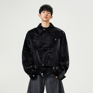 悟空有货美式高街鳄鱼纹翻领皮衣外套男潮牌秋季宽松小众机车夹克