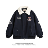 悟空有货复古学院风刺绣羊羔绒翻领棉衣男女冬季 宽松情侣保暖棉服