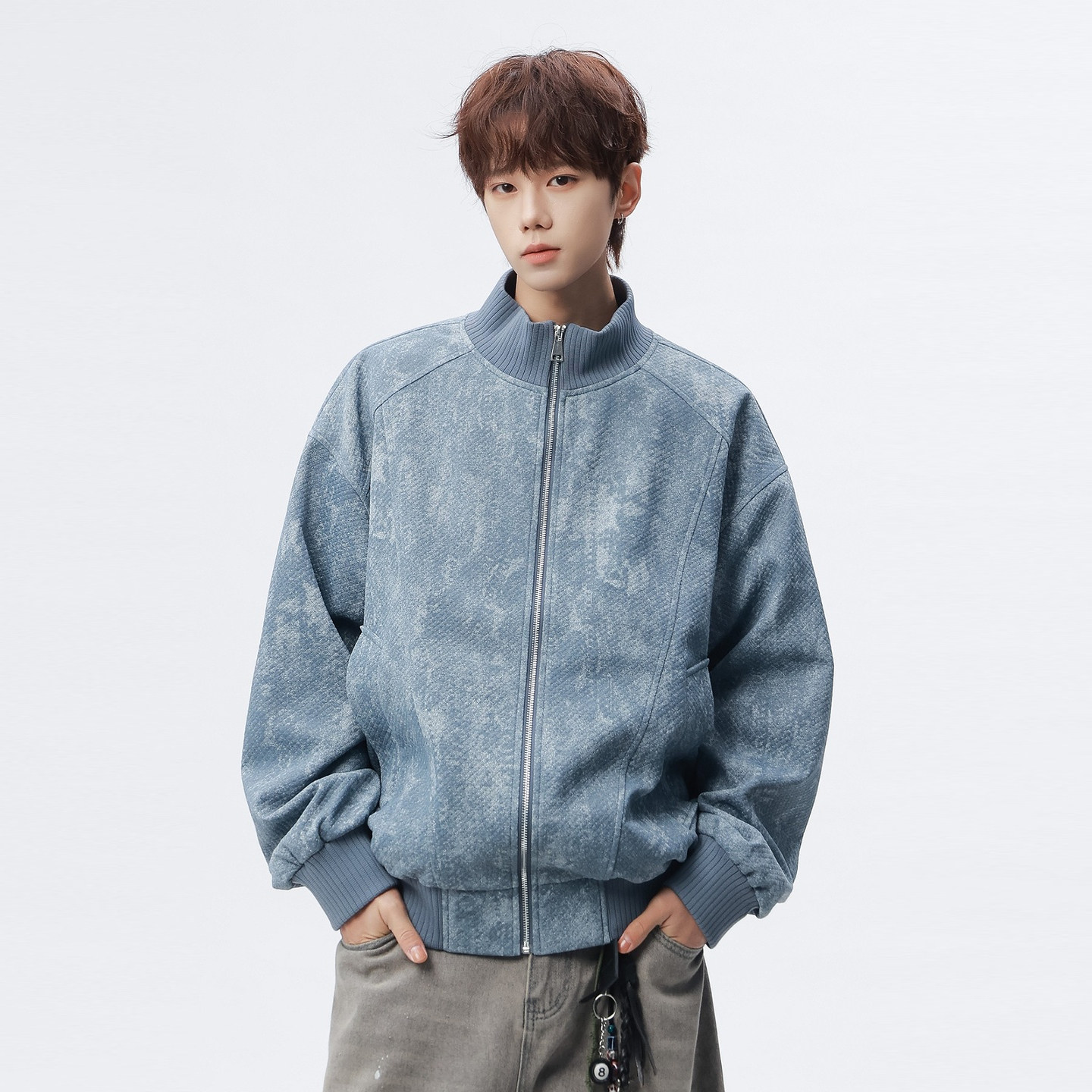 悟空有货潮牌美式解构拼接立领夹克男女复古街头宽松情侣百搭外套