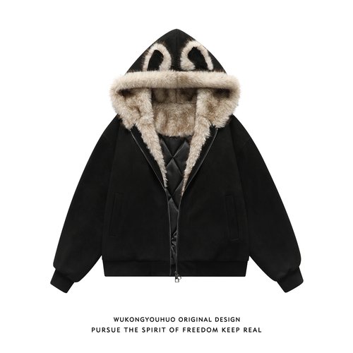 冬季潮牌座山雕加厚连帽棉服男