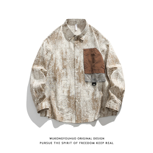 潮牌宽松情侣休闲衬衣 男春季 悟空有货复古小众设计感口袋长袖 衬衫