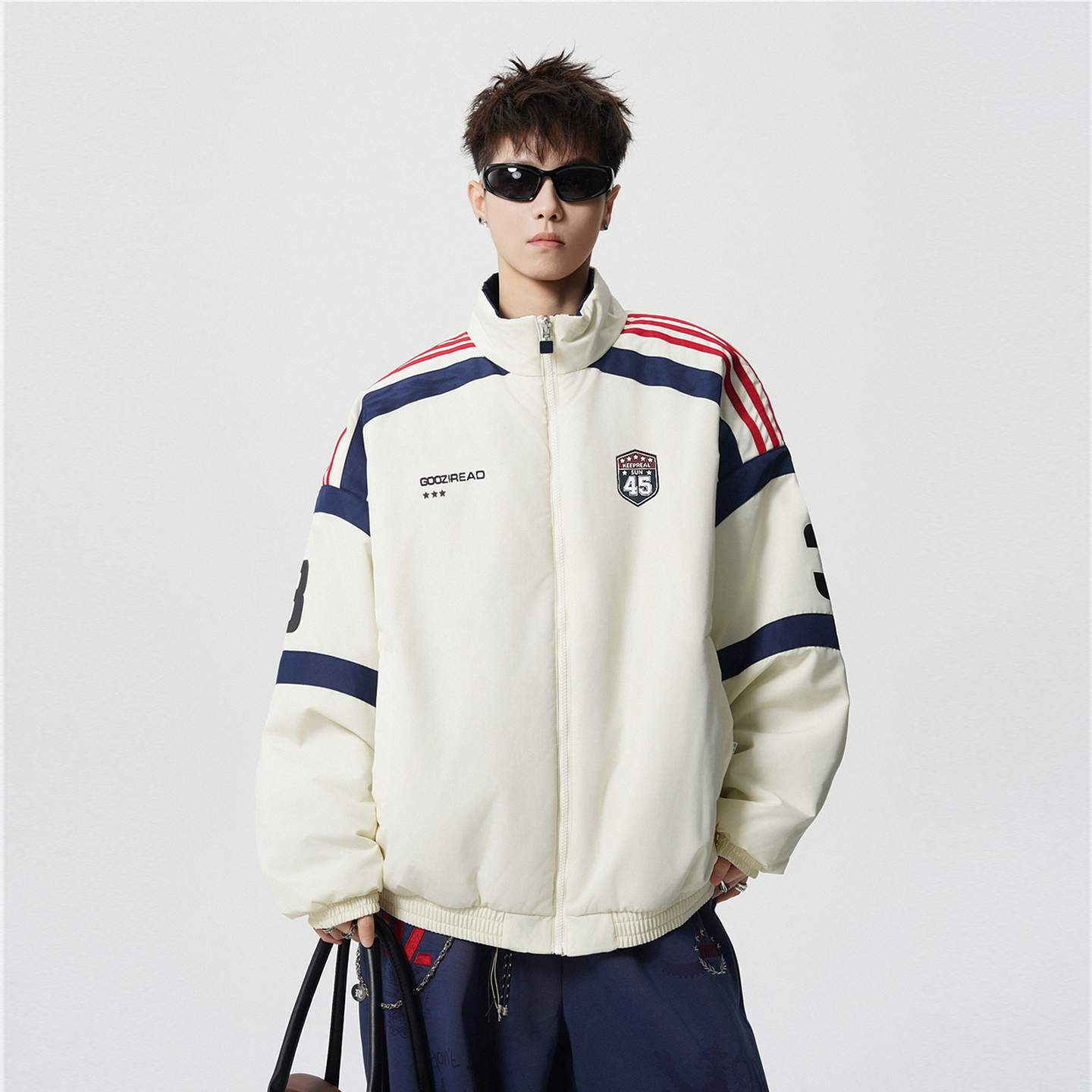 悟空有货美式潮牌条纹假两件拼接立领棉服男女宽松双面穿情侣棉衣