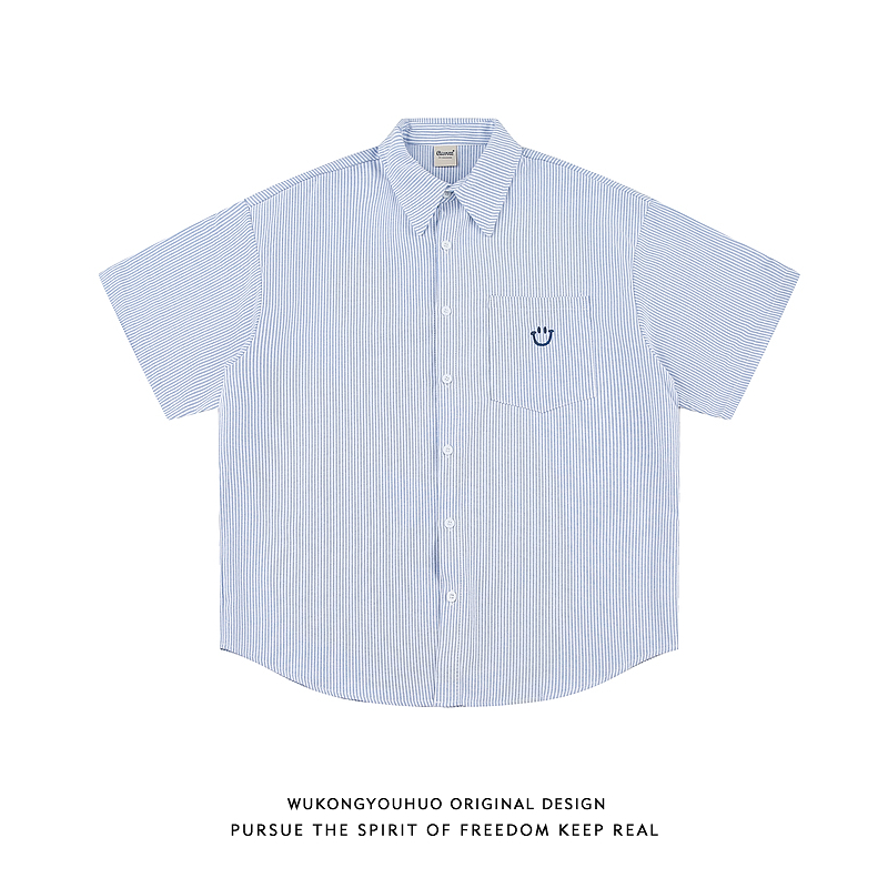 夏季复古竖条纹短袖衬衫男日系