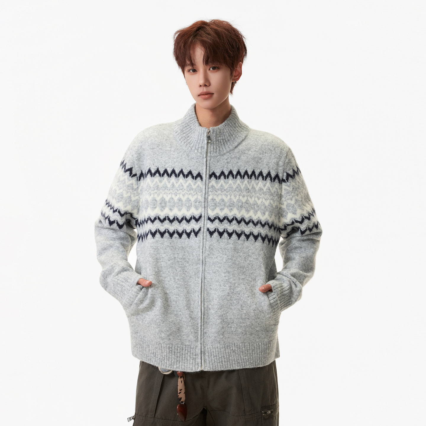 秋冬氛围感费尔岛拉链开衫毛衣男