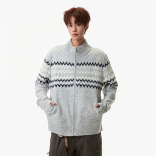 悟空有货秋冬氛围感费尔岛拉链开衫毛衣男女慵懒风半高领针织外套