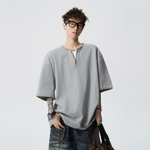 悟空有货夏季 T恤男潮牌宽松情侣休闲tee 复古拼色手缝线假两件短袖