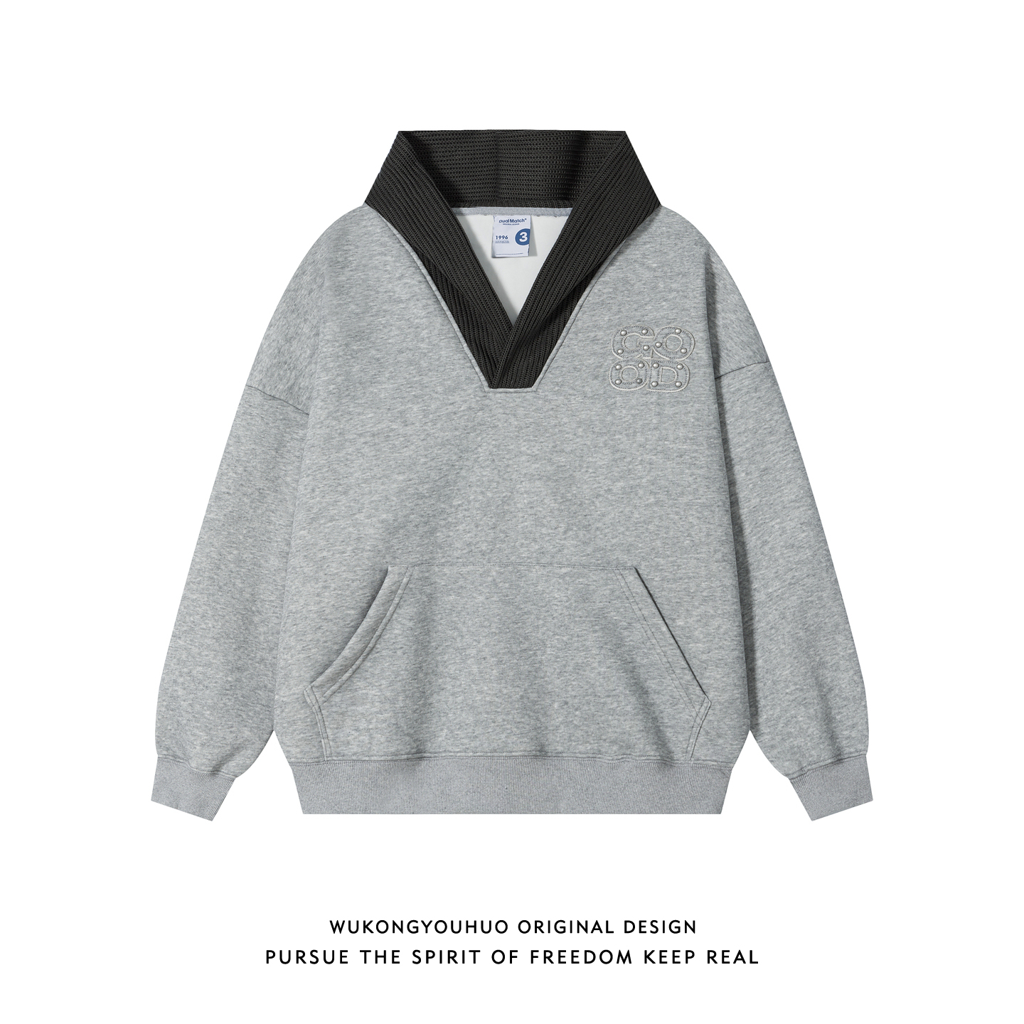 悟空有货潮牌美式针织拼接连帽加绒卫衣男复古情侣设计感套头上衣