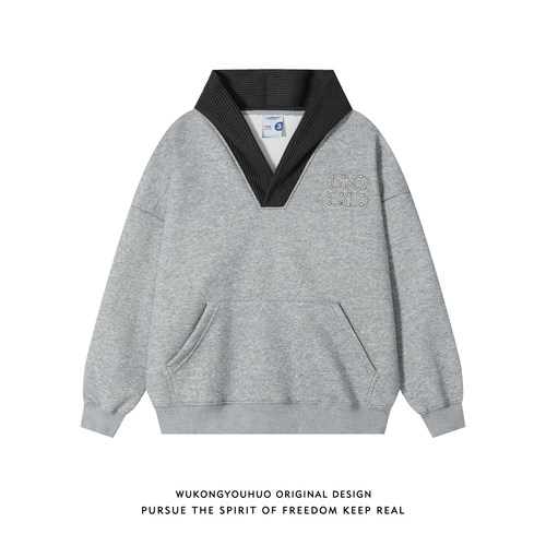 潮牌美式针织拼接连帽加绒卫衣