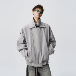 悟空有货美式设计感双层斜拉链翻领夹克男女春季宽松情侣百搭外套