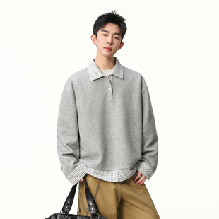 悟空有货春季潮牌格子拼接假两件POLO领卫衣男女复古情侣宽松上衣