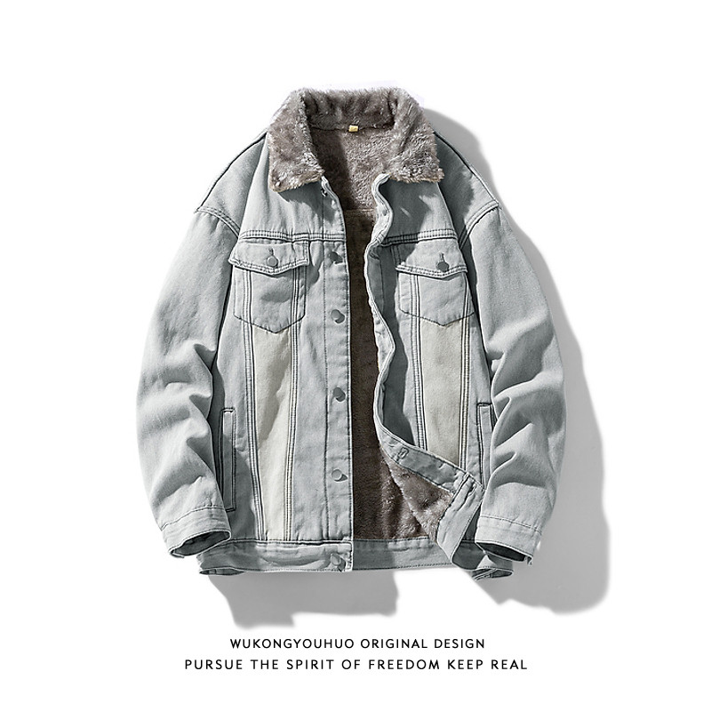 冬季羊羔绒加厚做旧牛仔棉服男