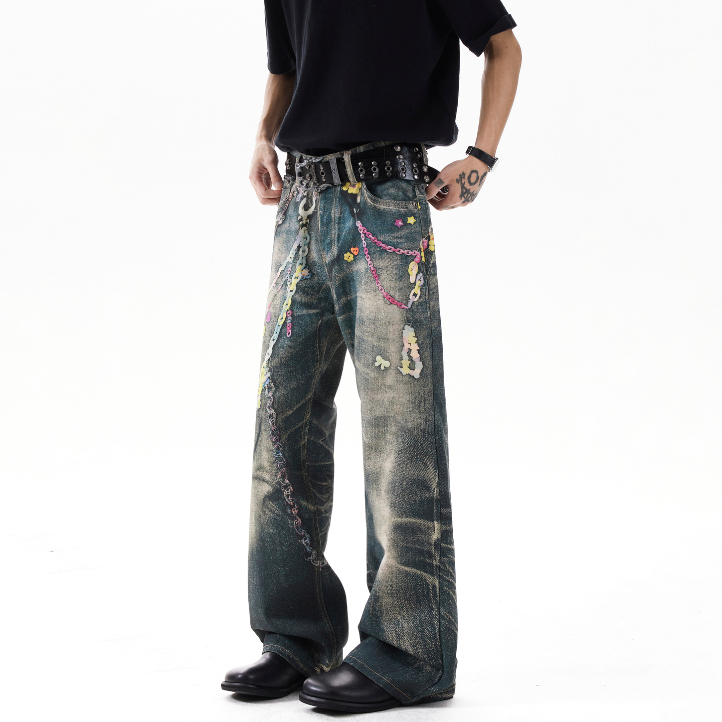 美式复古链条印花牛仔裤男潮牌