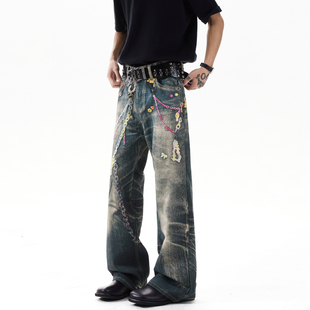 男潮牌高街痞帅水洗直筒阔腿长裤 悟空有货美式 复古链条印花牛仔裤