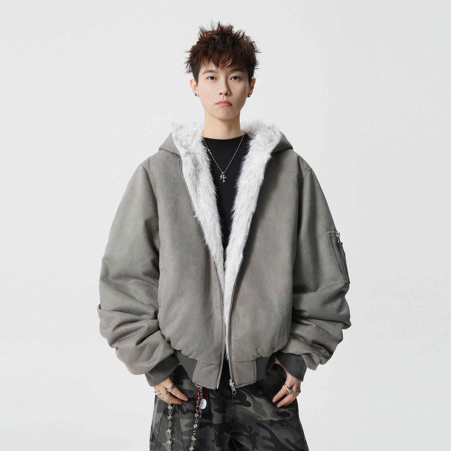 悟空有货美式双面穿座山雕重磅麂皮加厚飞行员外套男冬季连帽棉服