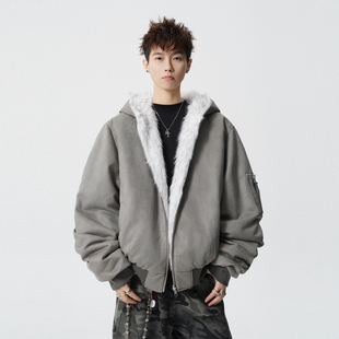 悟空有货美式双面穿座山雕重磅麂皮加厚飞行员外套男冬季连帽棉服
